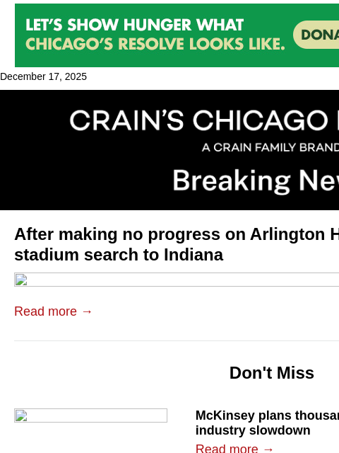 crainalerts newsletter: Bears considering Indiana for new stadium