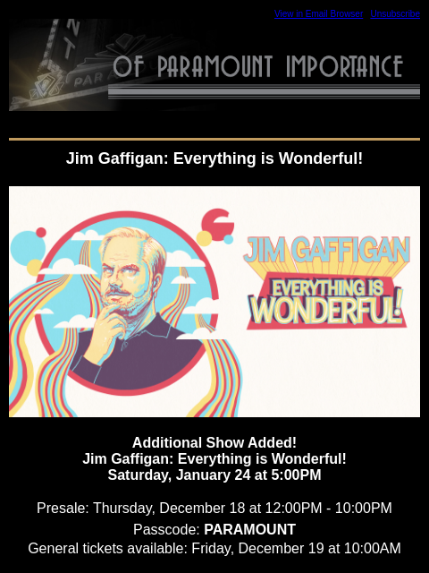 kroenkeentertainment newsletter: Jim Gaffigan, Eric Johnson, Andrés Cepeda, and Hai...