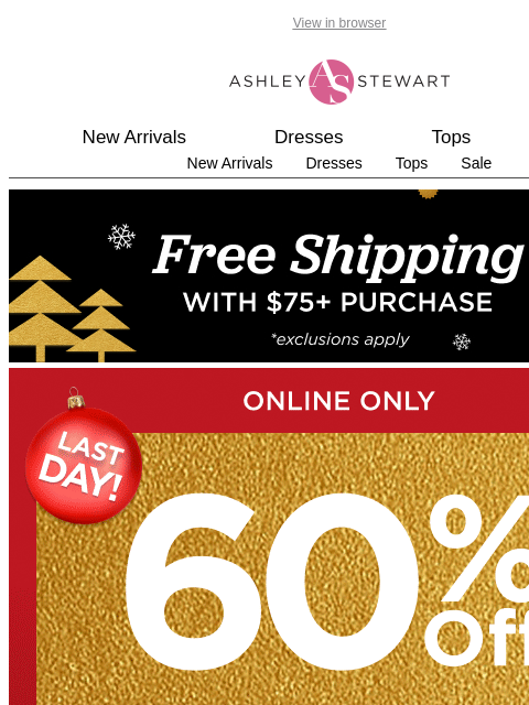 ashleystewart newsletter: LAST DAY! 60% off holiday styles🎄
