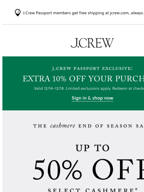jcrew newsletter: Up to 50% off select cashmere! Best. Gift. Ever.