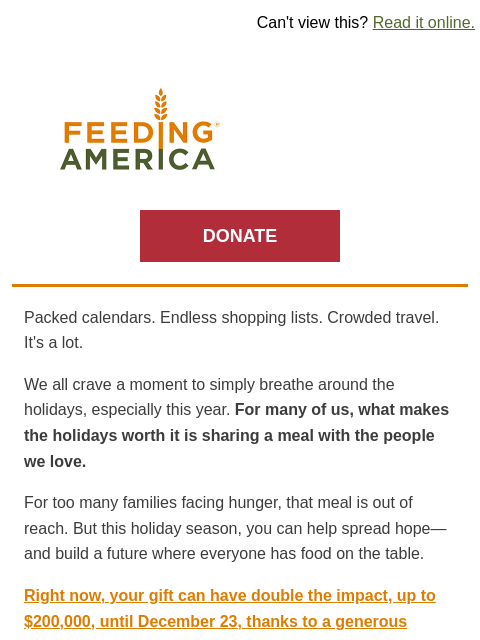 feedingamerica newsletter: $1 = 20 Meals this holiday season