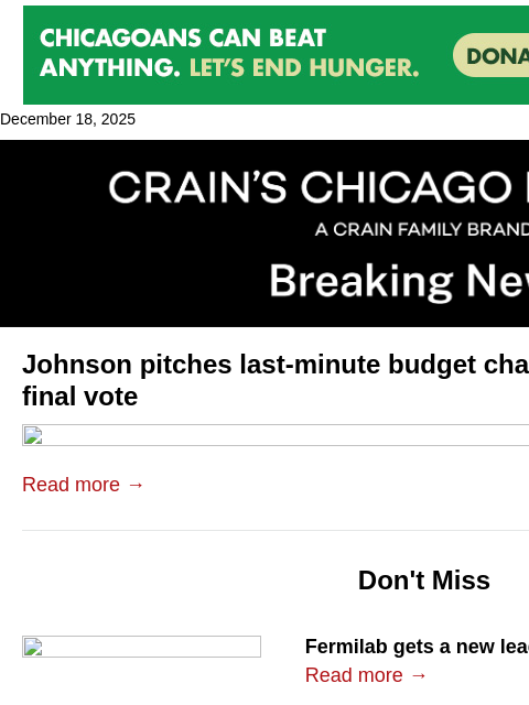 crainalerts newsletter: Johnson pitches last-minute budget changes
