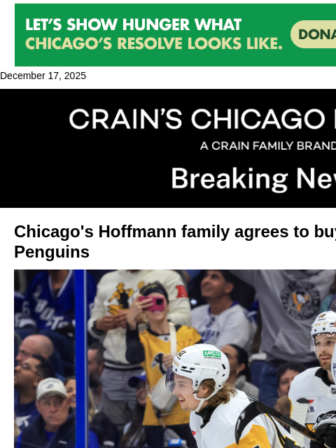 crainalerts newsletter: Chicago family agrees to buy Pittsburgh Penguins