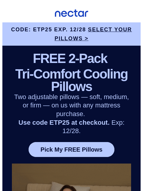 nectarsleep newsletter: Santa dropped code ETP25: 2 FREE Pillows with bed ...