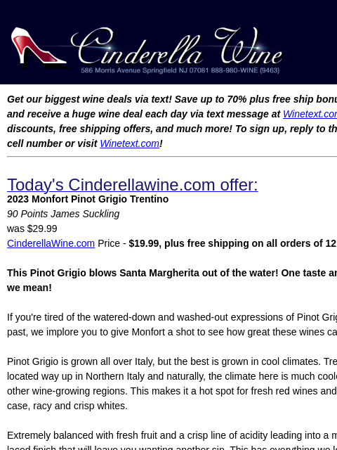 winelibrary newsletter: 2023 Monfort Pinot Grigio Trentino (90 JS) Free Sh...