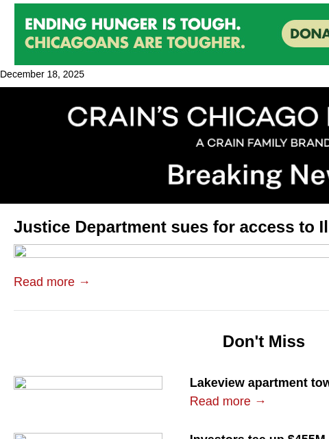 crainalerts newsletter: Feds sue Illinois for voter rolls