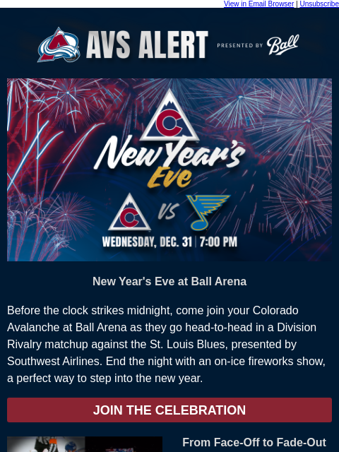 thecoloradoavalanche newsletter: 🏔️ Finish the Year with Avs Hockey and Fireworks