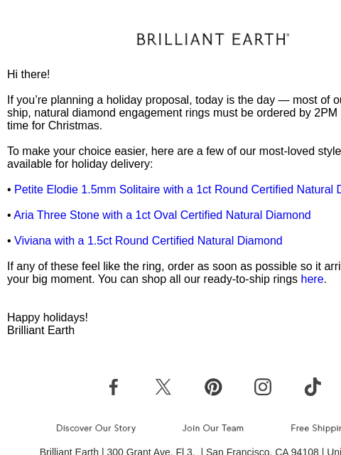 brilliantearth newsletter: Last call for Christmas delivery