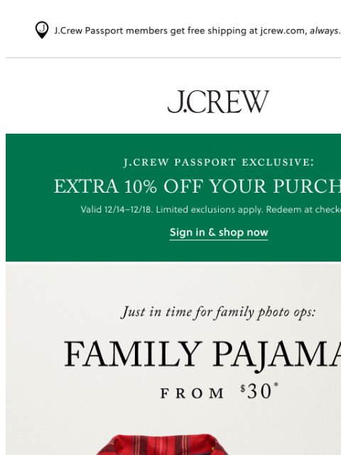 jcrew newsletter: Family pj’s from $30, please