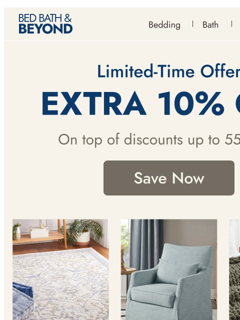bedbathandbeyond newsletter: Extra 10% off bedding, rugs & more ⭐