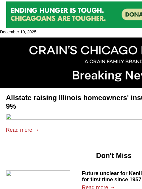 crainalerts newsletter: Allstate raising homeowners' rates