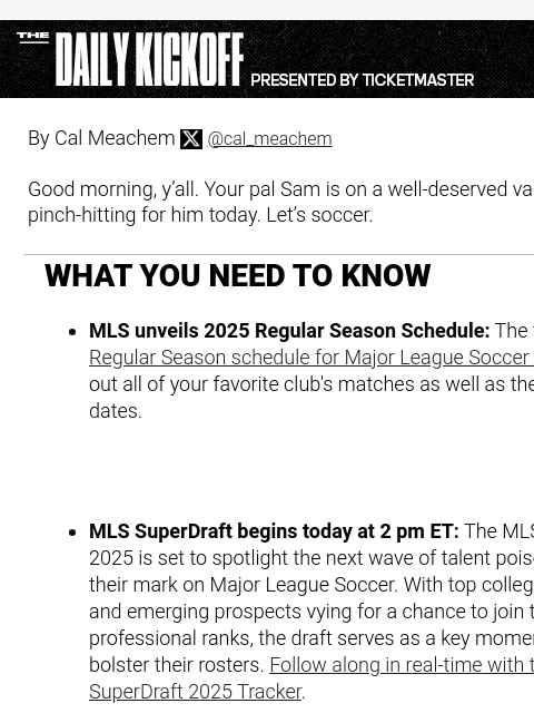 Top 5 games of MLS is Back weekend By Cal Meachem Twitter @cal_meachem Good morning, y'all. Your pal Sam is on a well-deserved vacation, so I am pinch-hitting for him today. Let's soccer. WHAT