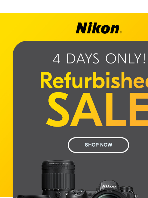 Big Savings on Refurbished Products View as web page Nikon | 4 Days Only! Refurbished Sale | Shop Now Z 9 Body Only (Refurbished) Z f 24-70mm Kit (Refurbished) Z 9 Body Only lens sold separately (