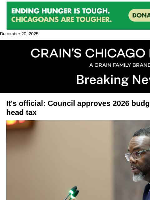 crainalerts newsletter: Council OKs 2026 budget without Johnson's head tax