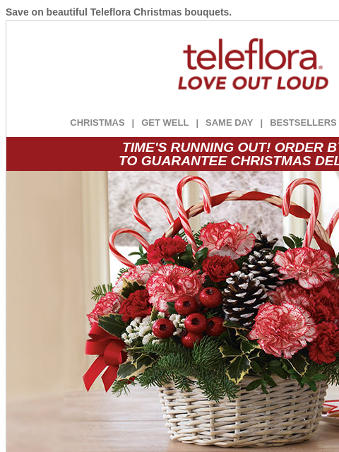 Save on beautiful Teleflora Christmas bouquets. View in browser ‌ teleflora CHRISTMAS | GET WELL | SAME DAY | BESTSELLERS | DEAL OF THE DAY TIME'S RUNNING OUT! ORDER BY 12/22 TO GUARANTEE CHRISTMAS