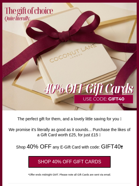 coconut-lane newsletter: 40% OFF GIFT CARDS 💳 🎁