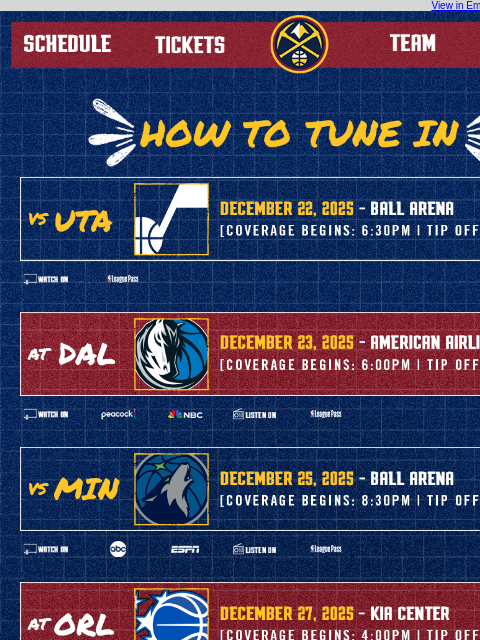 thedenvernuggets newsletter: Tune In as the Nuggets Take On the Jazz, Mavericks...