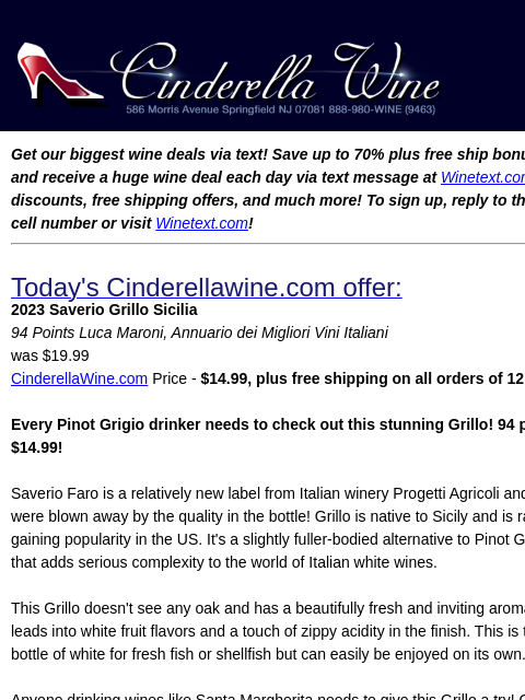 winelibrary newsletter: 2023 Saverio Grillo Sicilia (94 LM) Free Ship on 1...