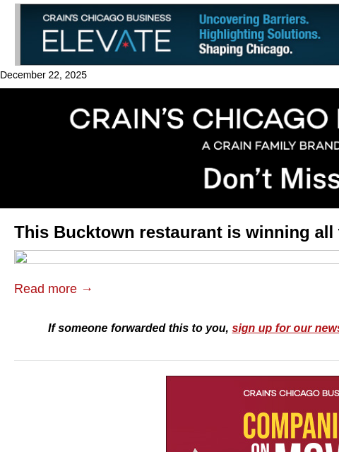 crainalerts newsletter: This restaurant is winning all the awards