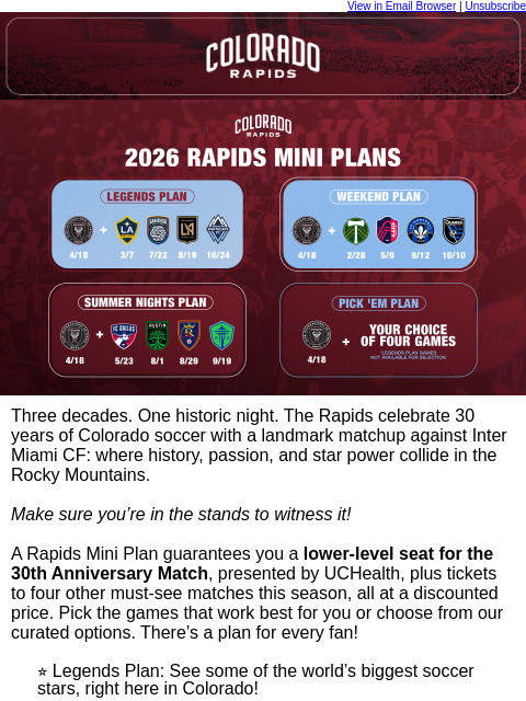thecoloradorapids newsletter: Mini Plans Available Now for the 30th Anniversary ...