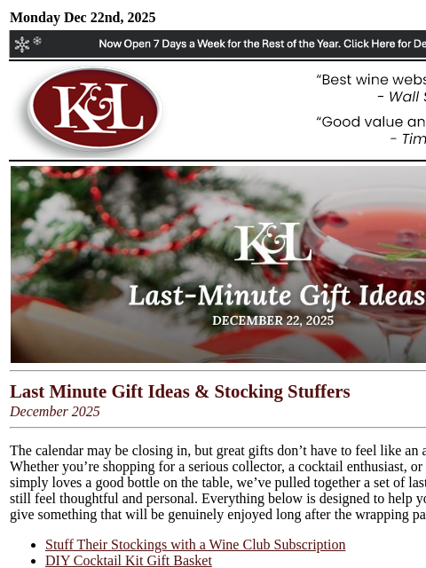 klwines newsletter: K&L Newsletter: Last Minute Gifts