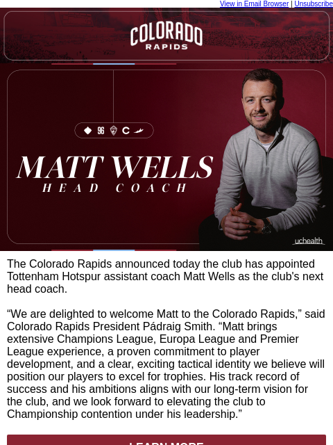 thecoloradorapids newsletter: Colorado Rapids Appoint Matt Wells as Head Coach