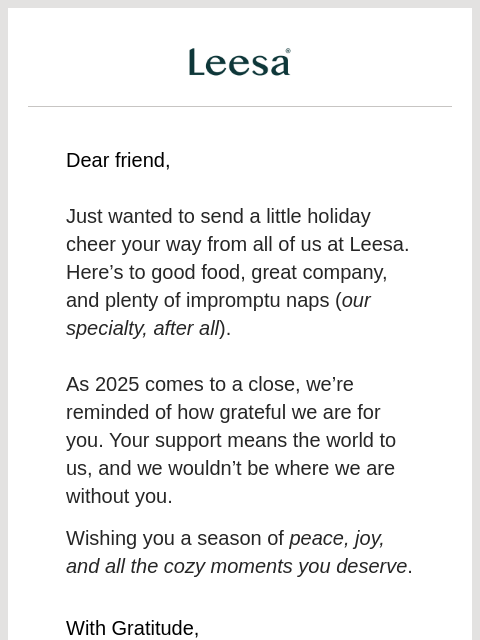 leesasleep newsletter: Warm holiday wishes from all of us