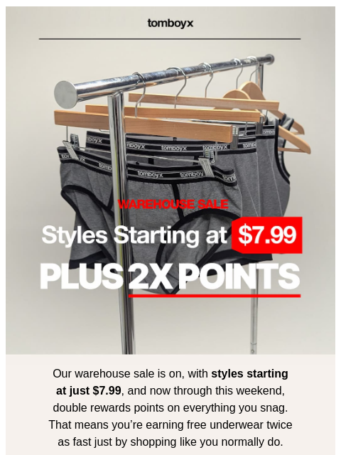 tomboyx newsletter: $7.99 Undies + Double Points
