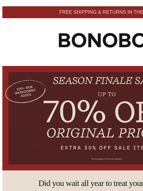 bonobos newsletter: Live Today: Season Finale @ Up to 70% Off