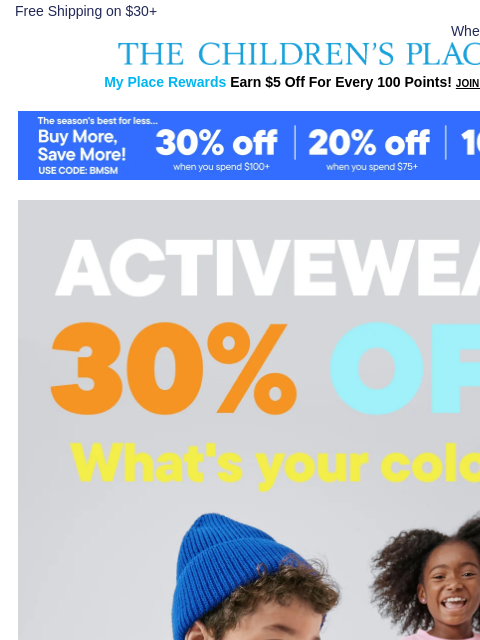 childrensplace newsletter: 7 Bright & New Activewear Colors: 30% OFF 💖