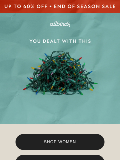 allbirds newsletter: Tangled Lights 👎 60% Off Shoes 👍