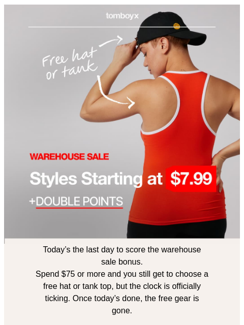tomboyx newsletter: Last Day for Free Tank or Hat