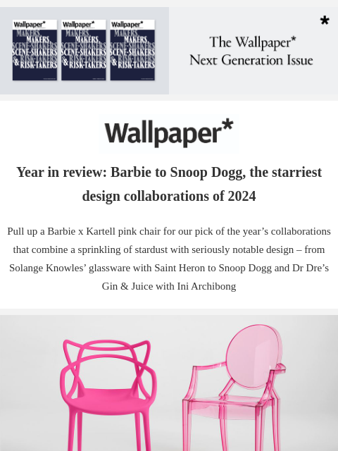 The starriest design collaborations of 2024 ‌ ‌ ‌ ‌ ‌ ‌ ‌ ‌ ‌ ‌ ‌ ‌ ‌ Wallpaper* Year in review: Barbie to Snoop Dogg, the starriest design collaborations of 2024 Pull up a Barbie x Kartell pink chair