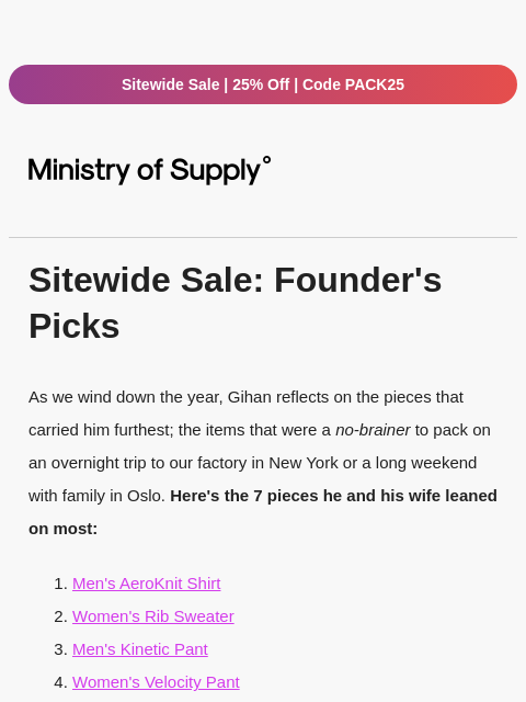 ministryofsupply newsletter: The Sale: Founder's Picks