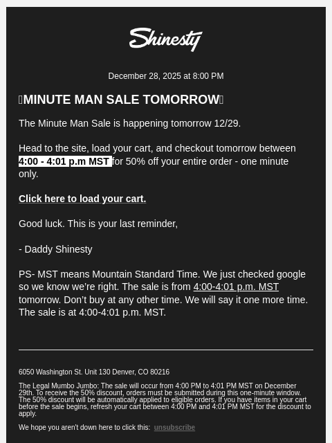 shinesty newsletter: 12/29 | 4:00 - 4:01 pm MST | 50% off EVERYTHING