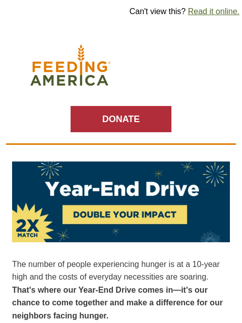 feedingamerica newsletter: ⏰REMINDER: You can have 2x the impact to feed fami...