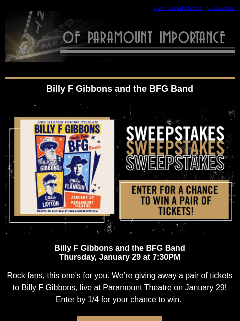 kroenkeentertainment newsletter: Feeling Lucky? Your Chance to Win Billy F Gibbons ...